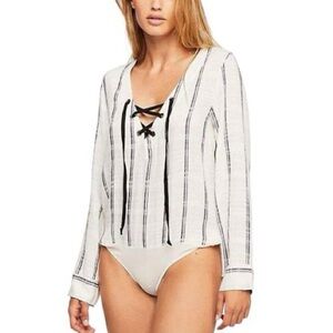 4/$20 Free People “Oh Boy” Striped Lace-Up Bodysuit XS Ivory Navy NWT